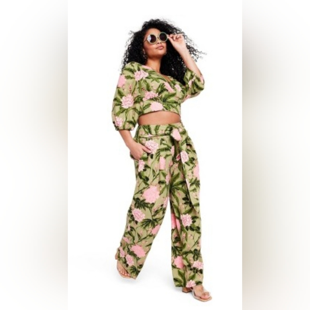 Women's Large Peony Print Pants - Aguabendita Green/Pink & Matching Top XXL